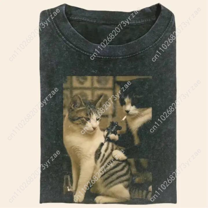 Linen Shirt Breathable - Funny Cat Retro Tshirt Man Woman