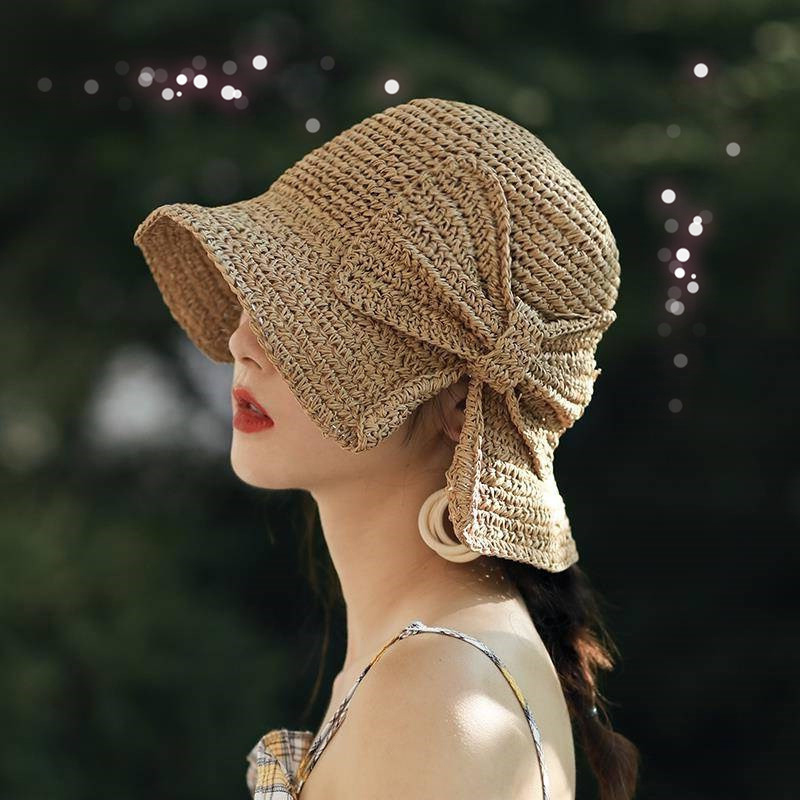 1Pcs Bow Sun Hat Wide Brim Flo - Bucket Hat Straw incelemesi ve fiyatı