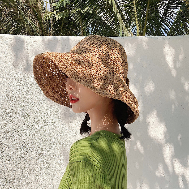 1Pcs Bow Sun Hat Wide Brim Flo - Bucket Hat Straw incelemesi ve fiyatı