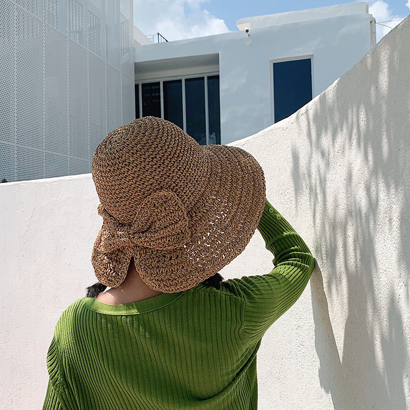 1Pcs Bow Sun Hat Wide Brim Flo - Bucket Hat Straw incelemesi ve fiyatı