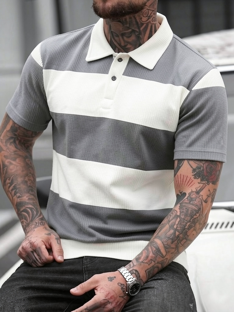 Men's Summer Gray-White Stripe - Polo Shirt Pique incelemesi ve fiyatı
