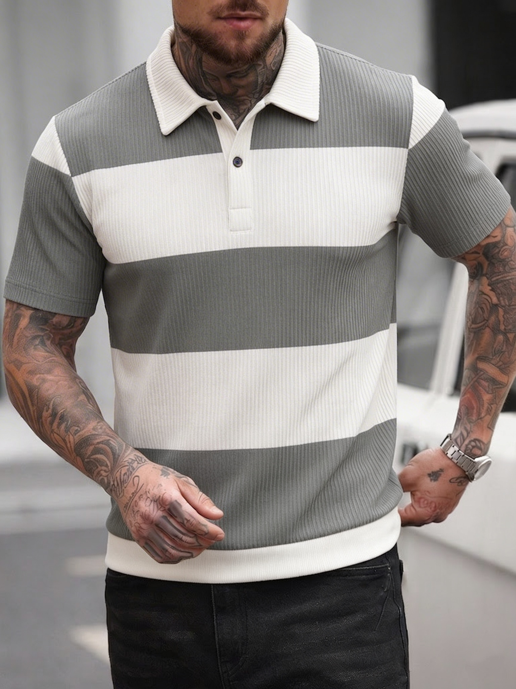 Men's Summer Gray-White Stripe - Polo Shirt Pique incelemesi ve fiyatı
