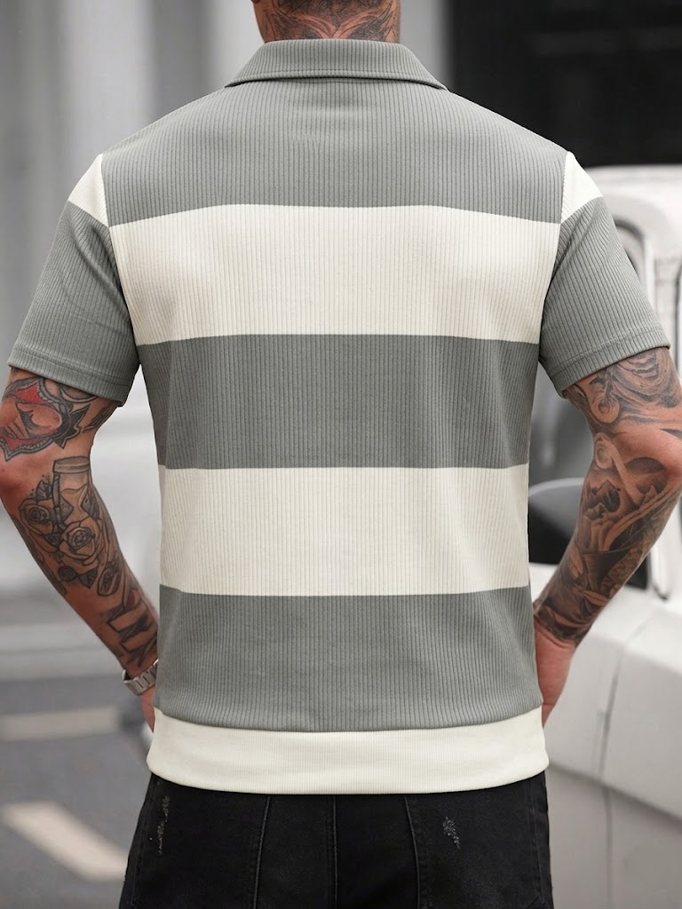 Men's Summer Gray-White Stripe - Polo Shirt Pique incelemesi ve fiyatı
