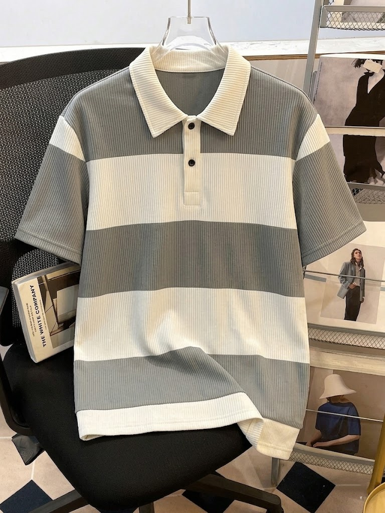 Men's Summer Gray-White Stripe - Polo Shirt Pique incelemesi ve fiyatı