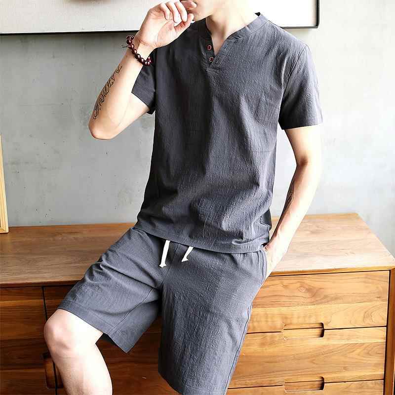 Men's Cotton Linen Set T-shirt - Linen Shirt Breathable incelemesi ve fiyatı