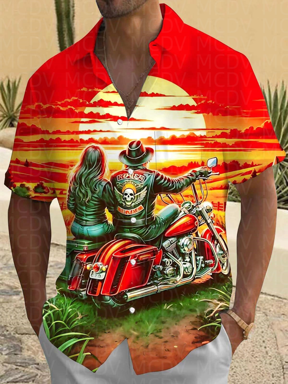 Motorcycle Pattern Men's Hawai - Shirt Camp Collar incelemesi ve fiyatı