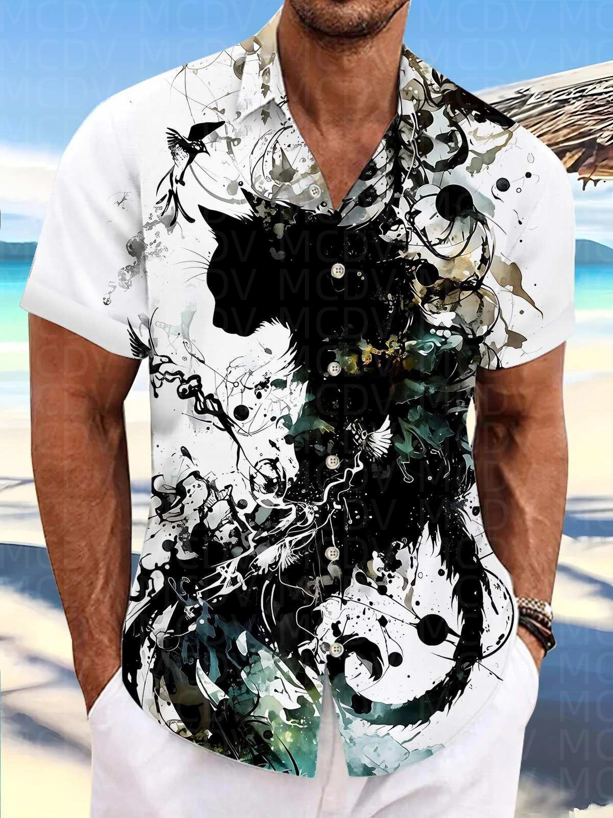 Motorcycle Pattern Men's Hawai - Shirt Camp Collar incelemesi ve fiyatı