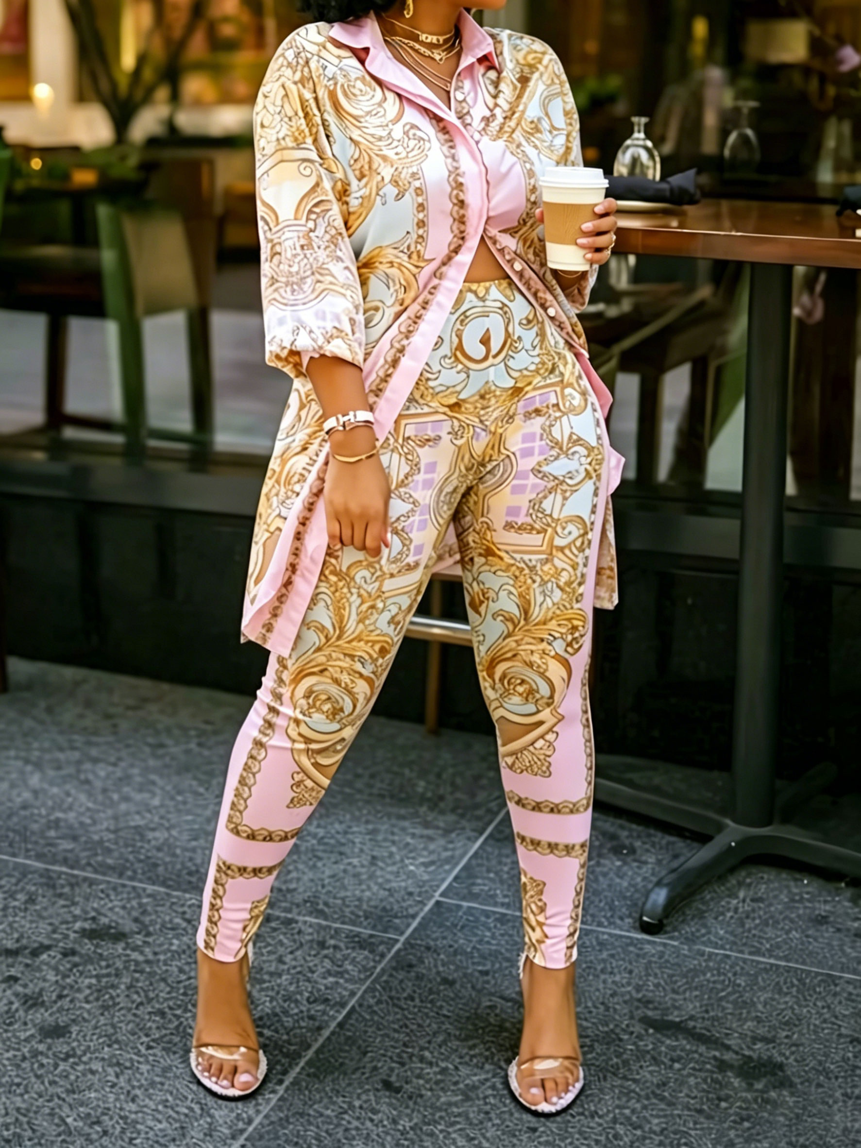 Women 2 Piece Set Ornate Print - Shirt Camp Collar incelemesi ve fiyatı